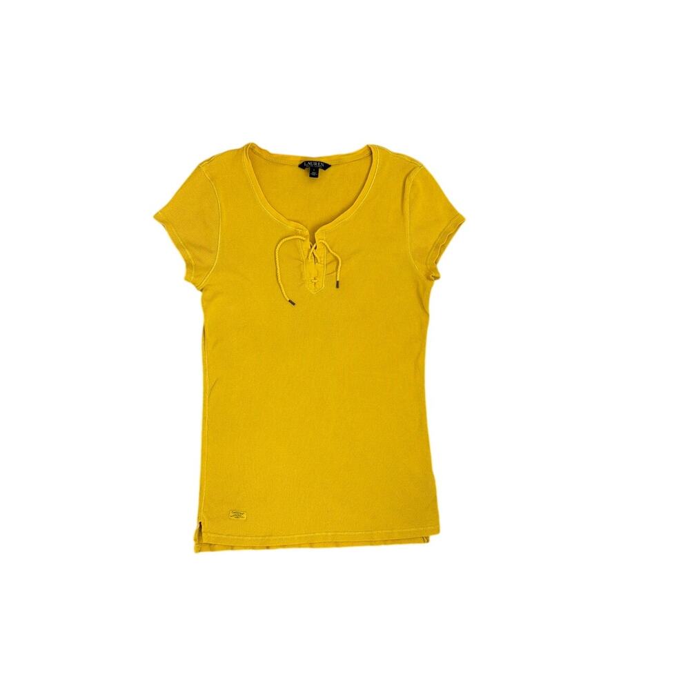 Lauren Ralph Lauren Yellow Ribbed Lace-Up Short Sleeve Shirt Large